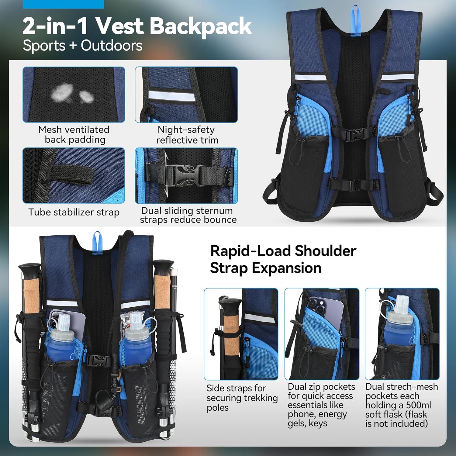 MARCHWAY Lightweight Hydration Backpack with Vest Style Straps & 2.5L TPU Water Bladder, Versatile Sleek Multi-Pocket Pack for Hiking, Cycling, Running, Backpacking, Travel