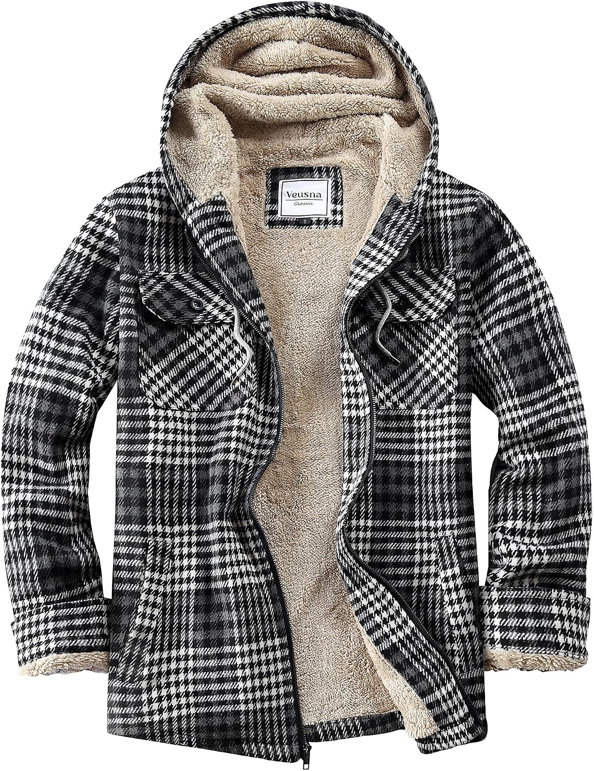 Men's Zip Up Flannel Shirt Jacket Fleece Lined with Hood