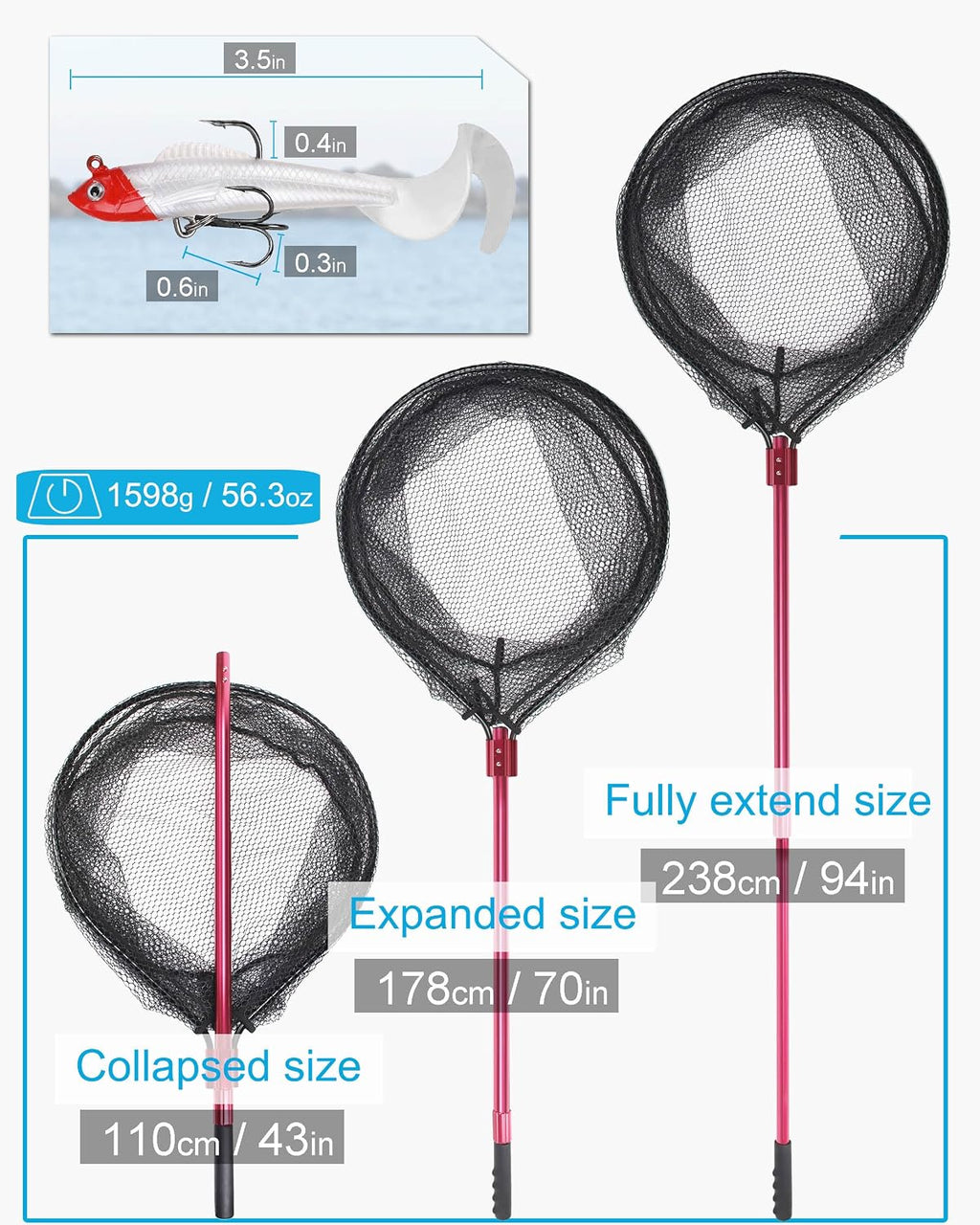 Large Rubber Fishing Net Heavy Duty Extra Large Aluminum Landing Net for Saltwater Fish Net Telescoping Handle with 6pcs Soft Jig Swimbait, Extends to 72-94in