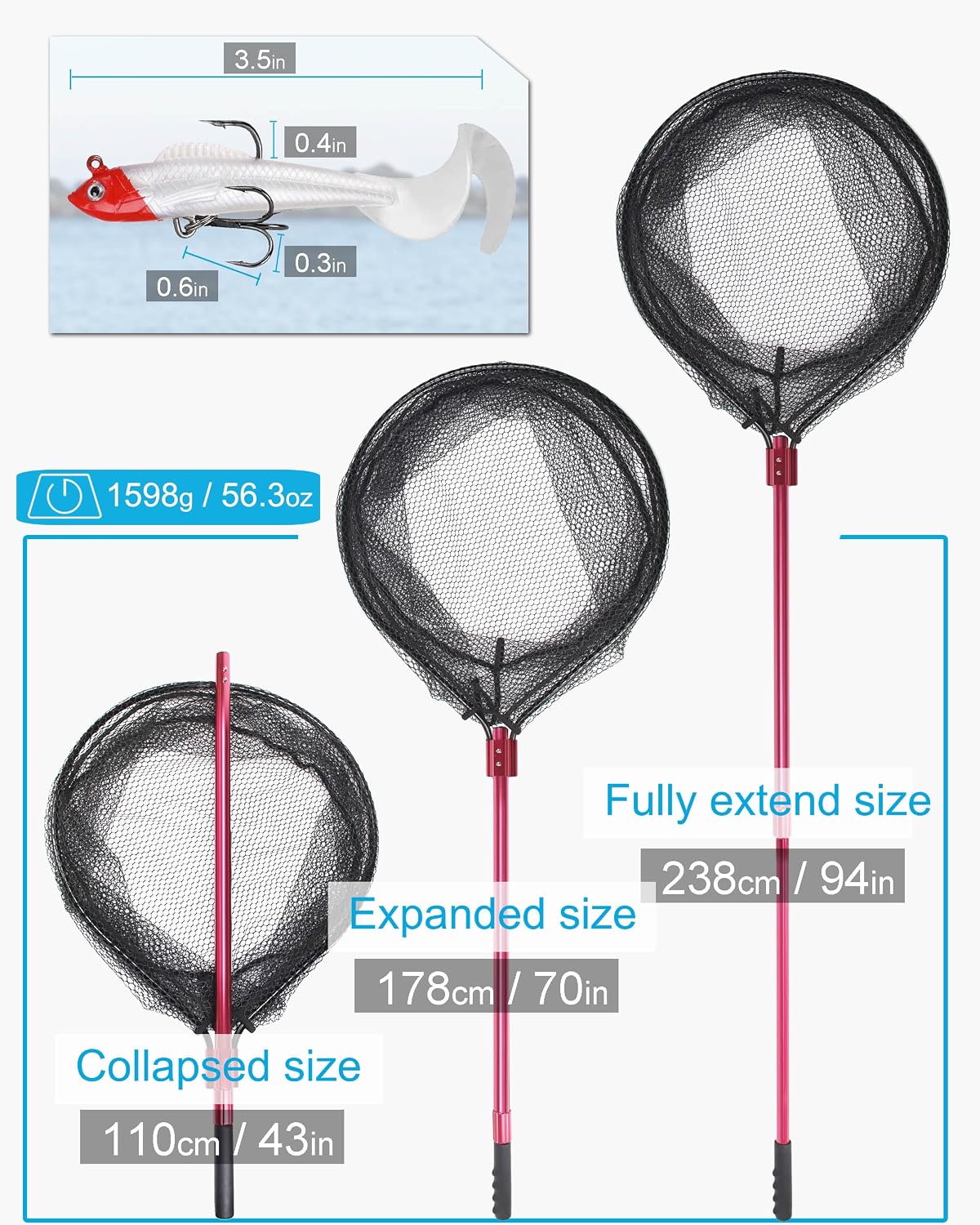 Large Rubber Fishing Net Heavy Duty Extra Large Aluminum Landing Net for Saltwater Fish Net Telescoping Handle with 6pcs Soft Jig Swimbait, Extends to 72-94in
