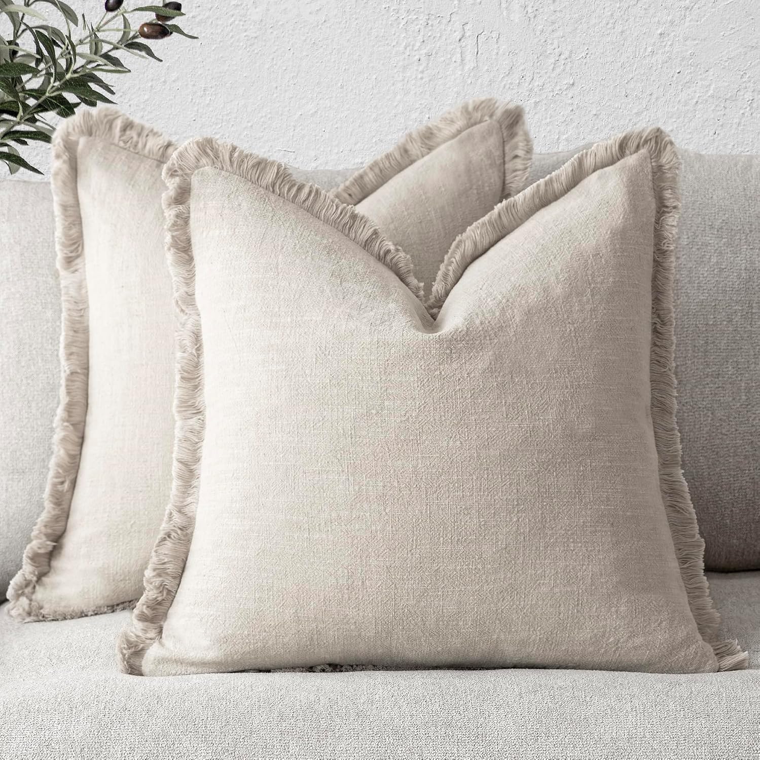Foindtower Decorative Linen Fringe Throw Pillow Covers 20×20 Inch,Beige