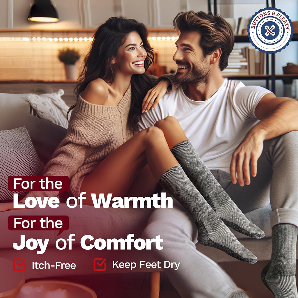 Buttons & Pleats Wool Socks for Men & Women Merino Thermal Warm Cozy Winter Boot Sock