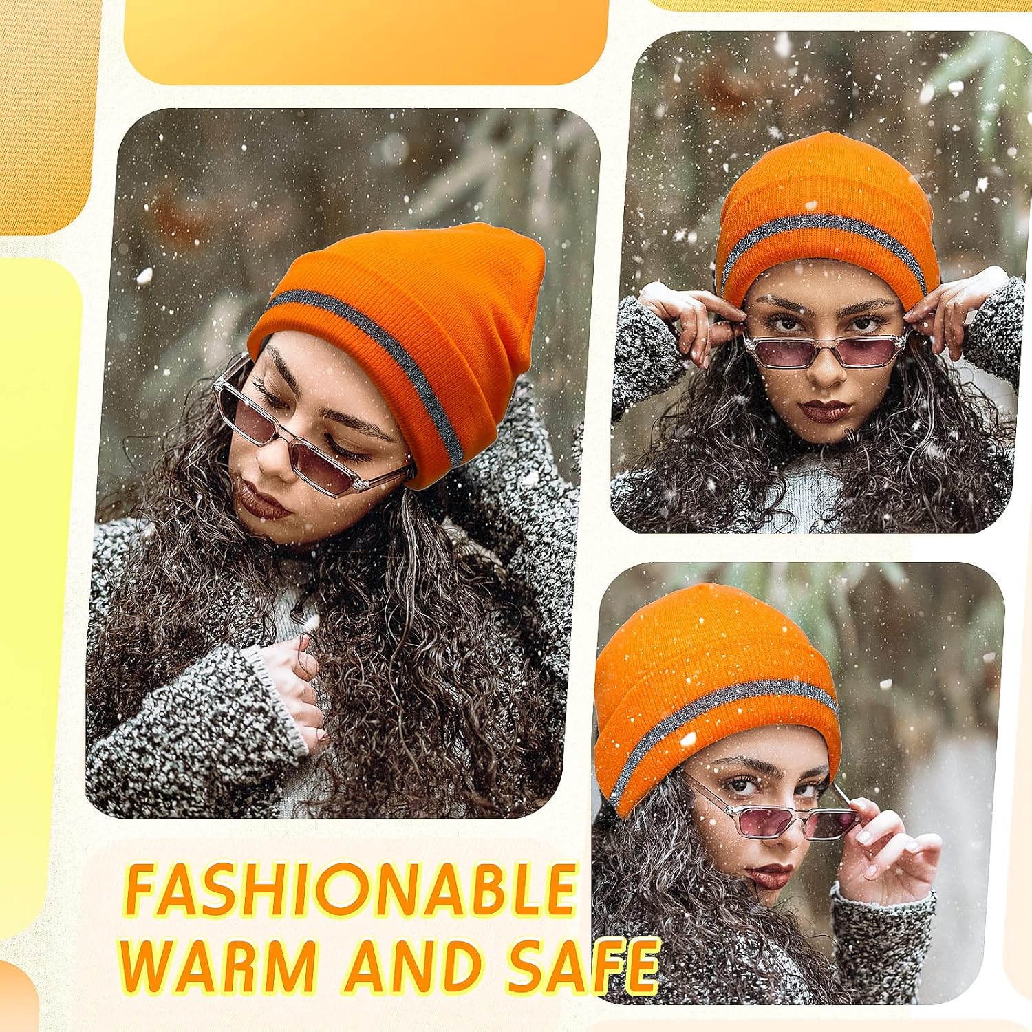 Reflective Knit Hat Safety Beanies Adult High Visibility Beanie Neon Winter Knit Caps with Reflective Stripe