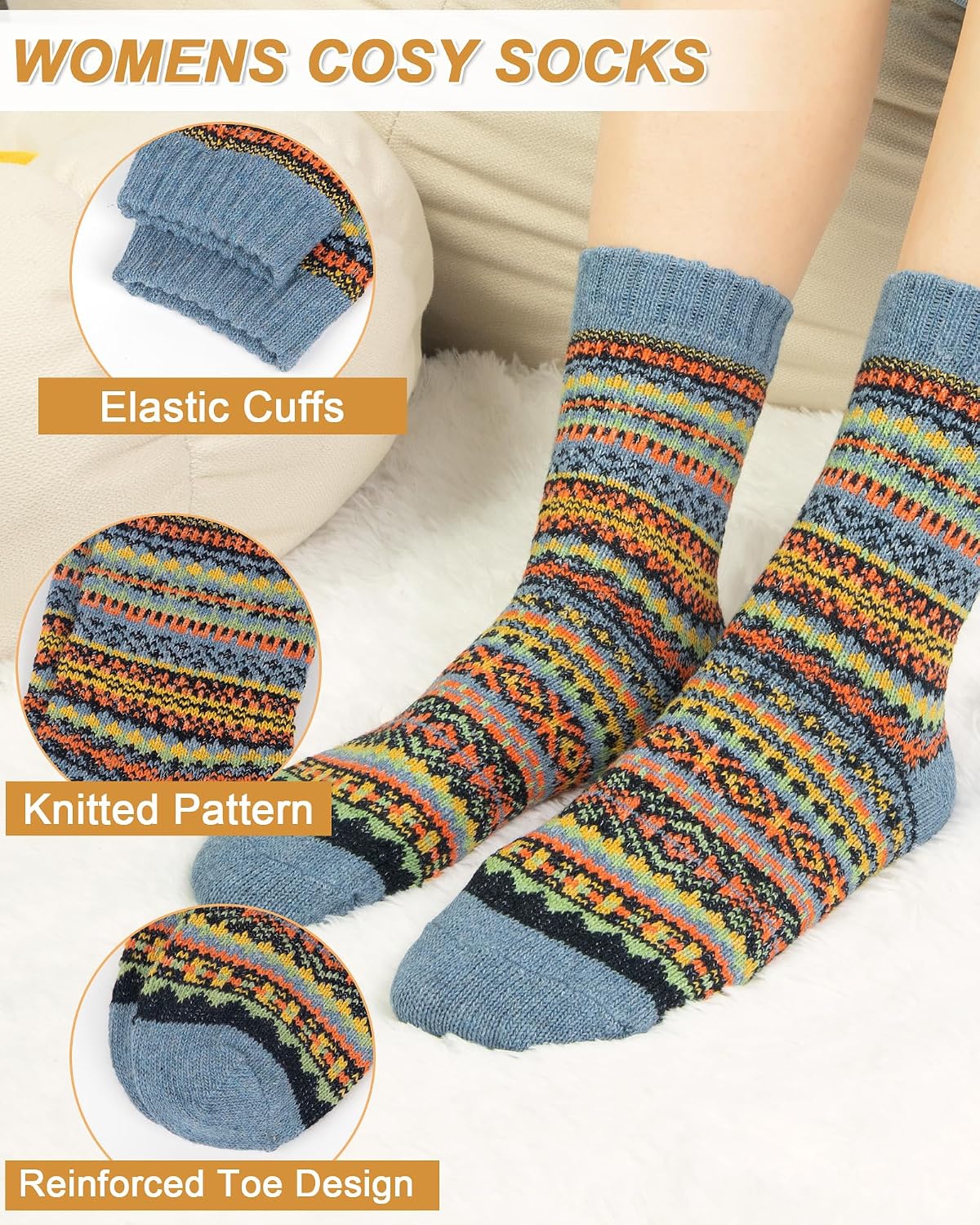 Senker Fashion Wool Socks for Women, 5 Pairs Winter Warm Crew Boot Socks