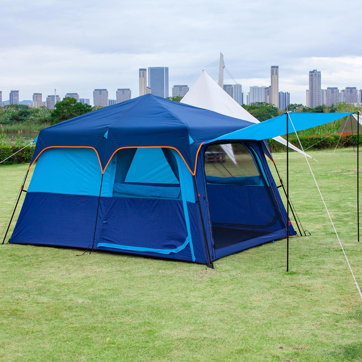 KTT Extra Large Tent 10-12-14 Person(B),Family Cabin Tents,2 Rooms,3 Doors and 3 Windows with Mesh,Straight Wall,Waterproof,Double Layer,Big Tent for Outdoor,Picnic,Camping,Family Gathering