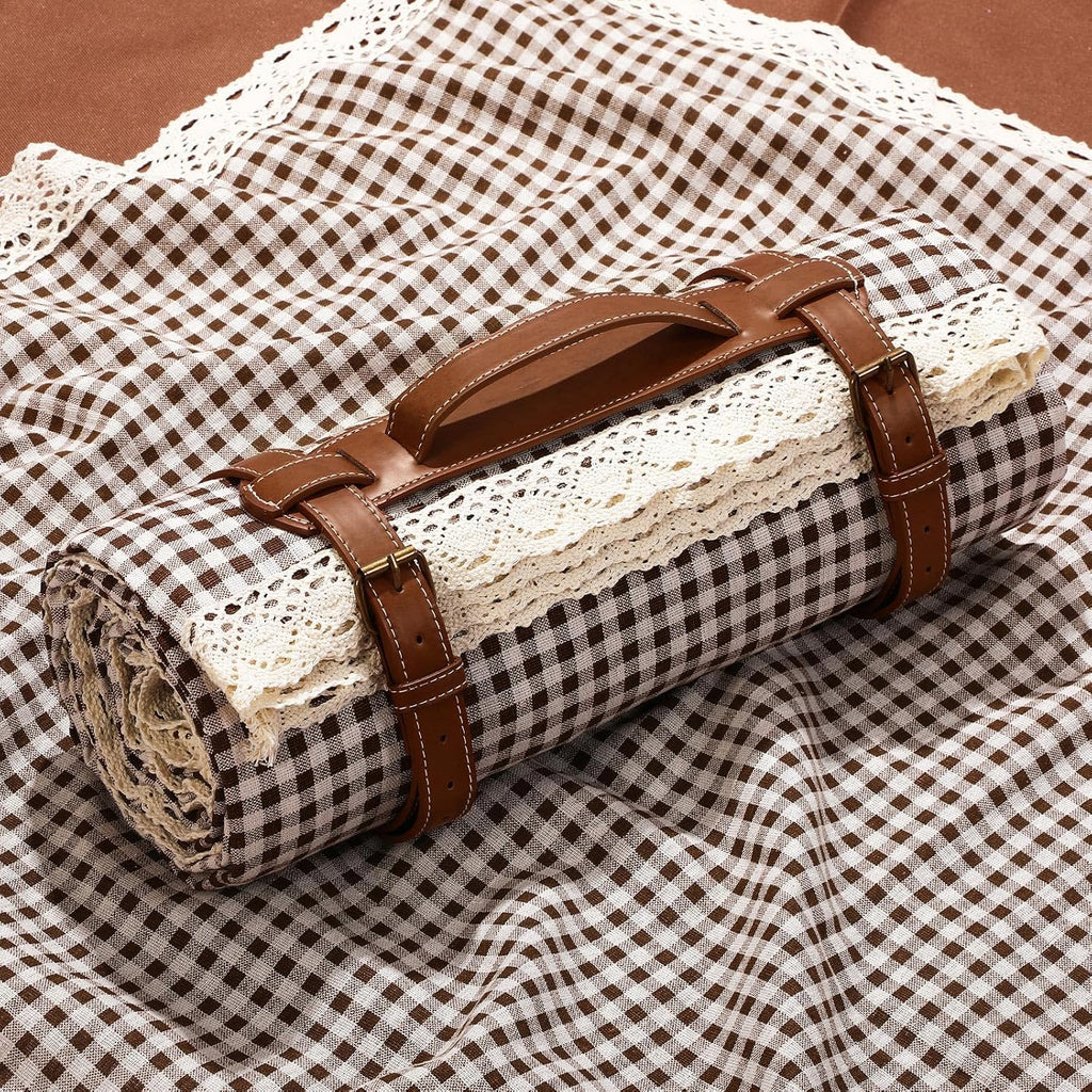 VitalCozy Gingham Picnic Blankets 59x78 in Outdoor Waterproof, Coffee White