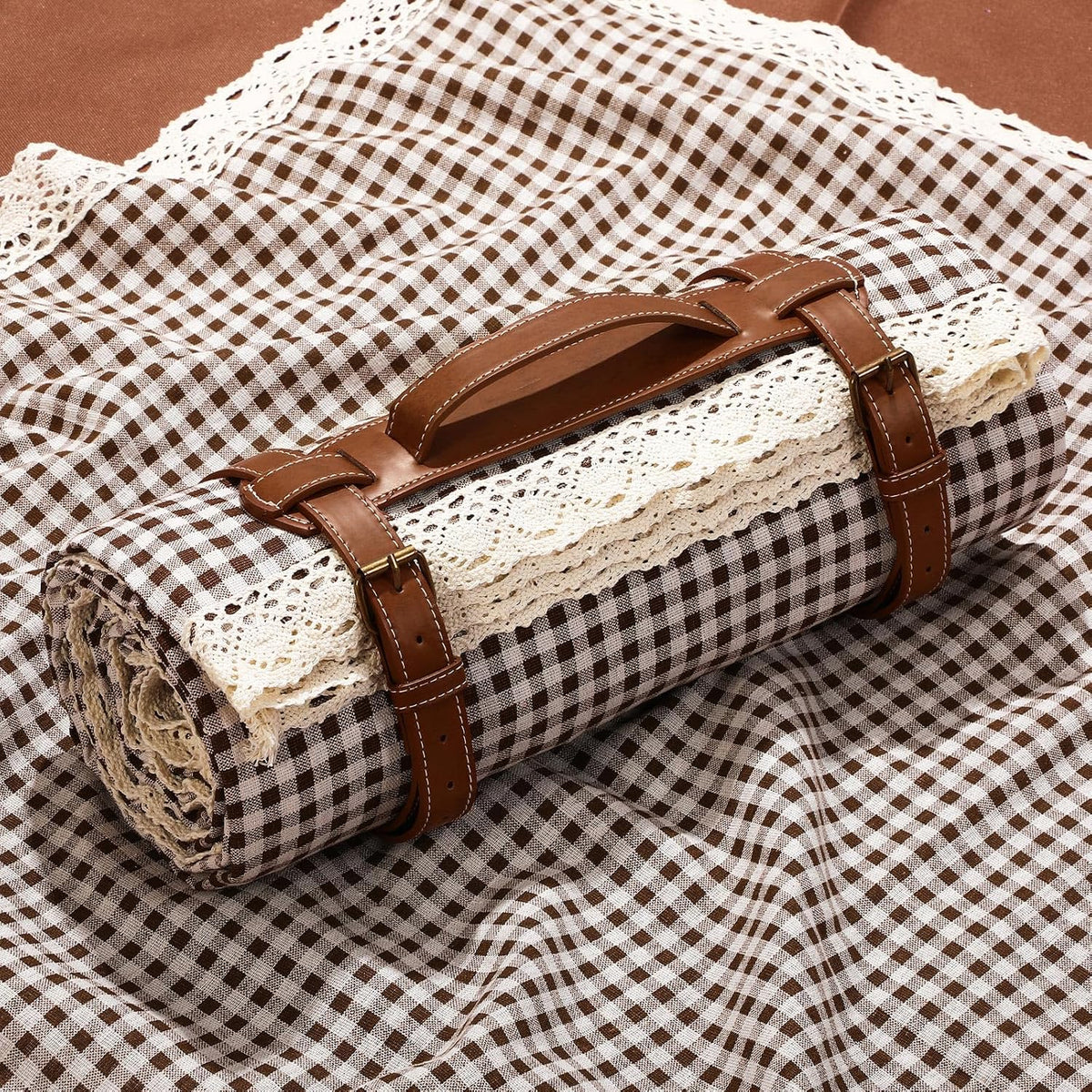 VitalCozy Gingham Picnic Blankets 59x78 in Outdoor Waterproof, Coffee White