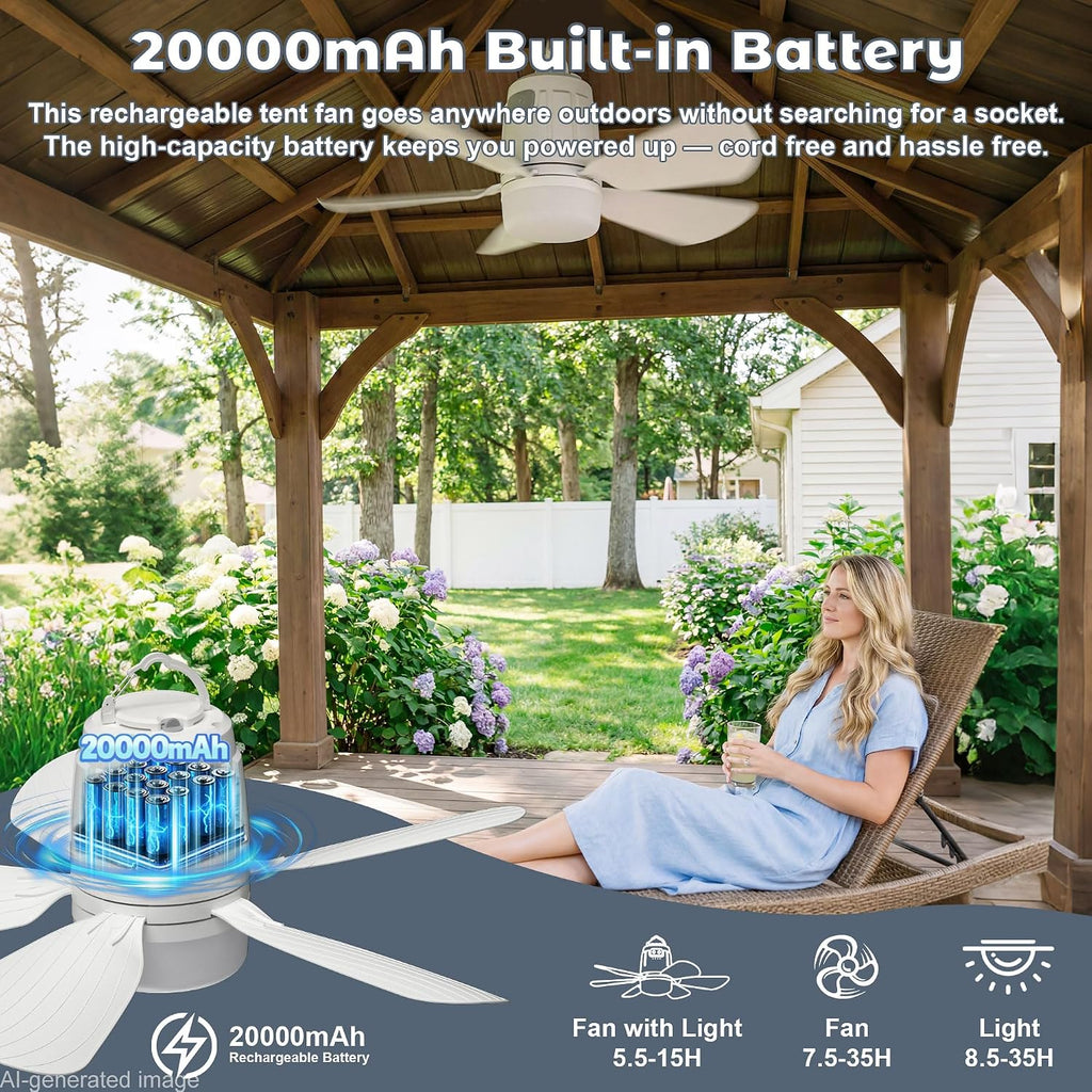 Battery Operated Outdoor Ceiling Fan, 20000mAh Portable Canopy Fan with Light, Remote & Hanging Hook, 3000k-6000k Dimmable Rechargeable Ceiling Fan for Tent, Gazebo, Patio, Camping (20'')