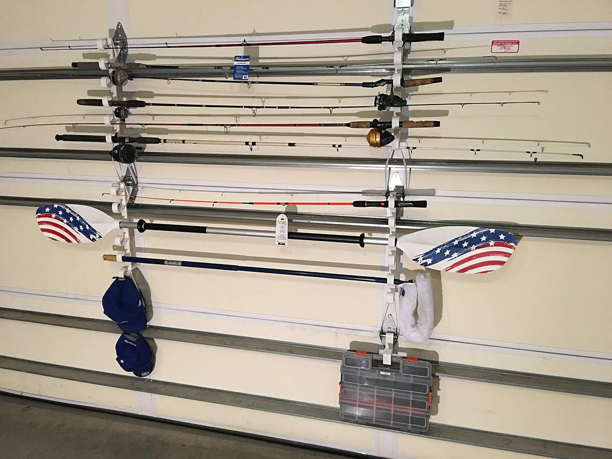 Storage Rack for Garage Doors with Hooks for Fishing Rods, Kayak Paddles and More