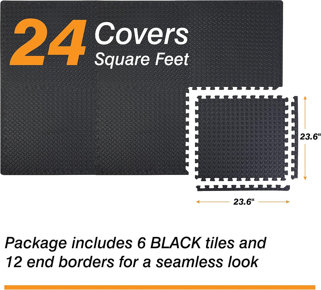 Mat Block EVA Exercise Floor Mats: Interlocking Foam Tile Performance Mats - 6 Tiles (Area: 24 SQ FT) 1/2 inch Thickness, EVA Home Gym Exercise Floor Mats for All Exercises or Equipment, Black