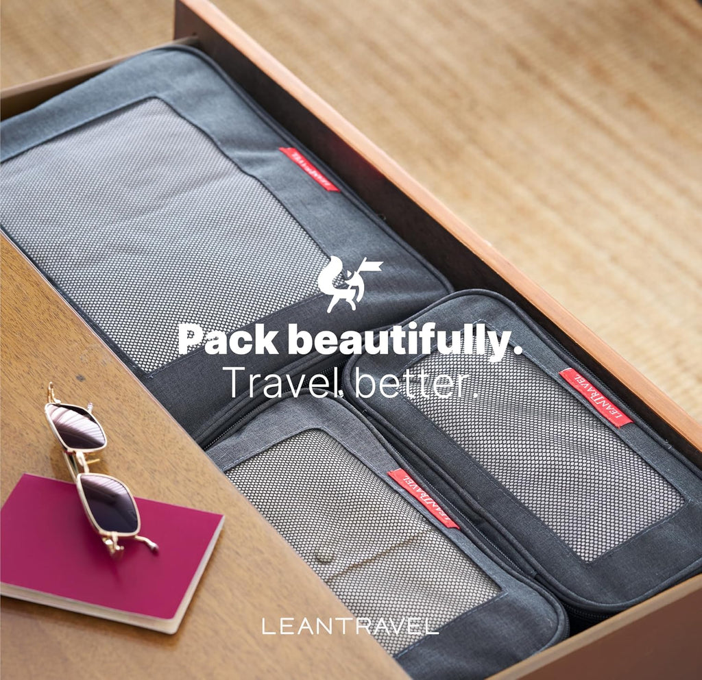 LeanTravel Premium Compression Packing Cubes for Travel - Suitcase Organizer Bags with Double Zipper & Breathable Mesh Panel - Space Saving Carry On Luggage Essentials (6-Pack, Black)