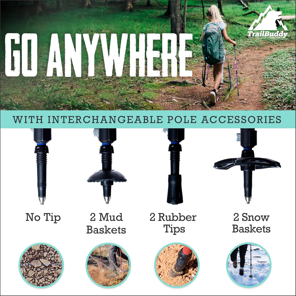 TrailBuddy Collapsible Hiking Poles for Kids - Pack of 2 Trekking Poles for Hiking, Camping & Backpacking - Lightweight, Adjustable Aluminum Walking Sticks with EVA Grip Blue - Junior Size