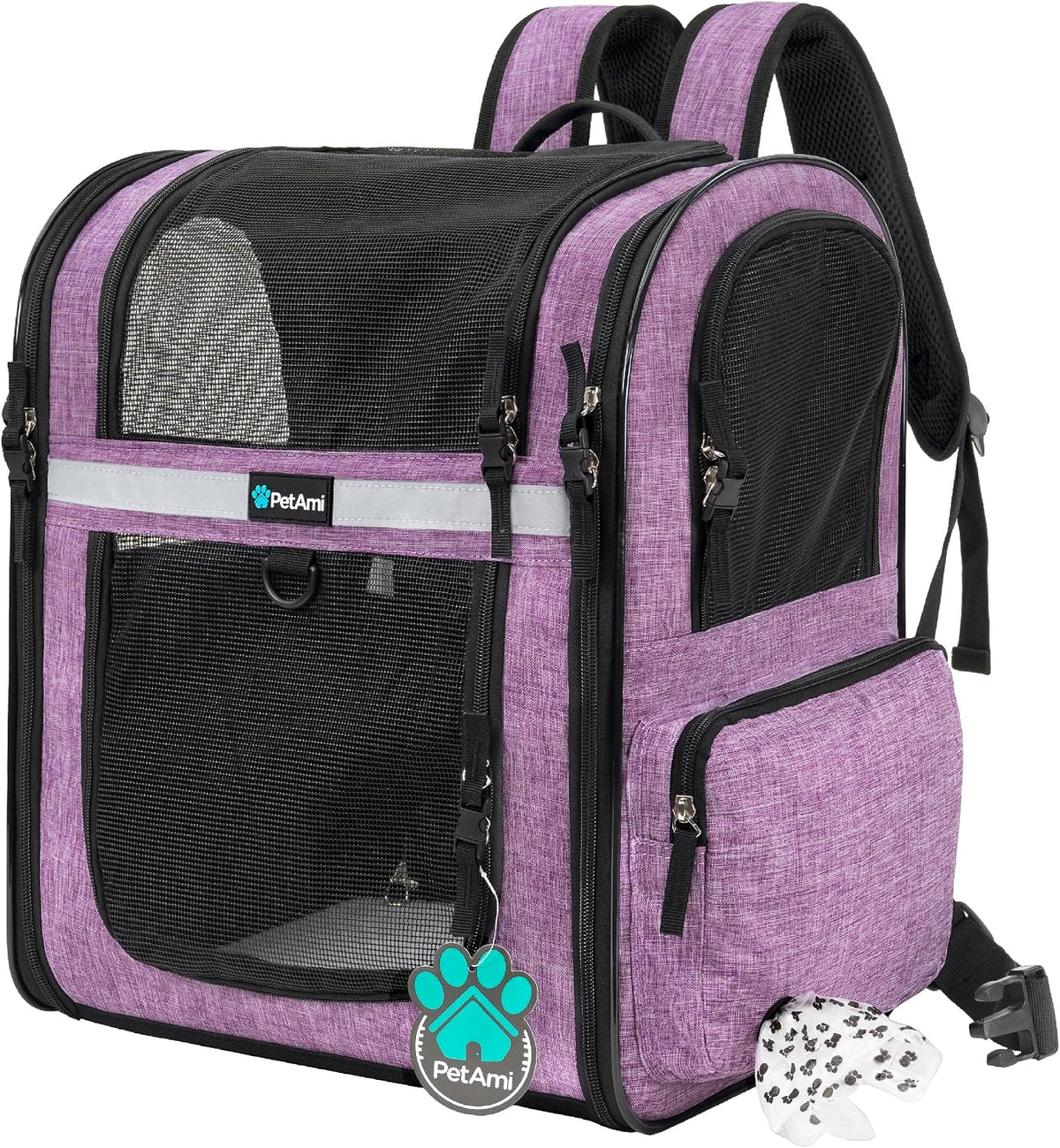 PetAmi Dog Backpack Carrier, 4-Way Entry Ventilated, 18 lbs, Purple