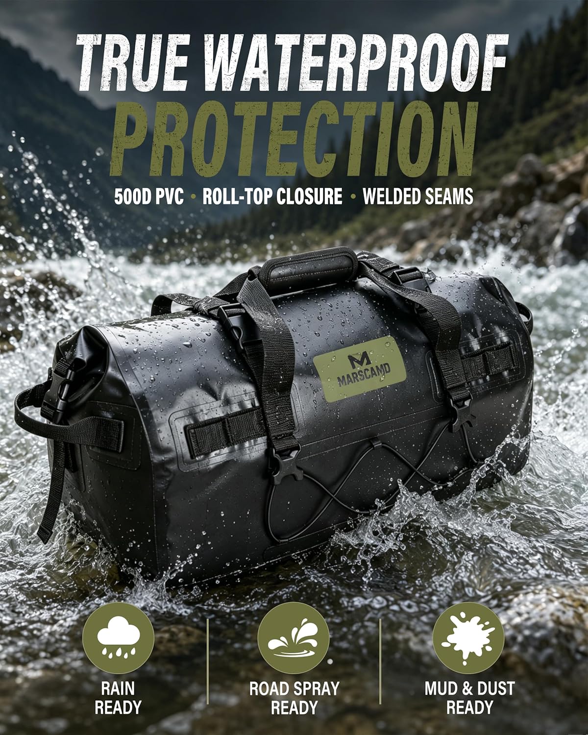 Marscamd Waterproof Motorcycle Dry Bag, Tail Saddle Luggage Roll-Top Design