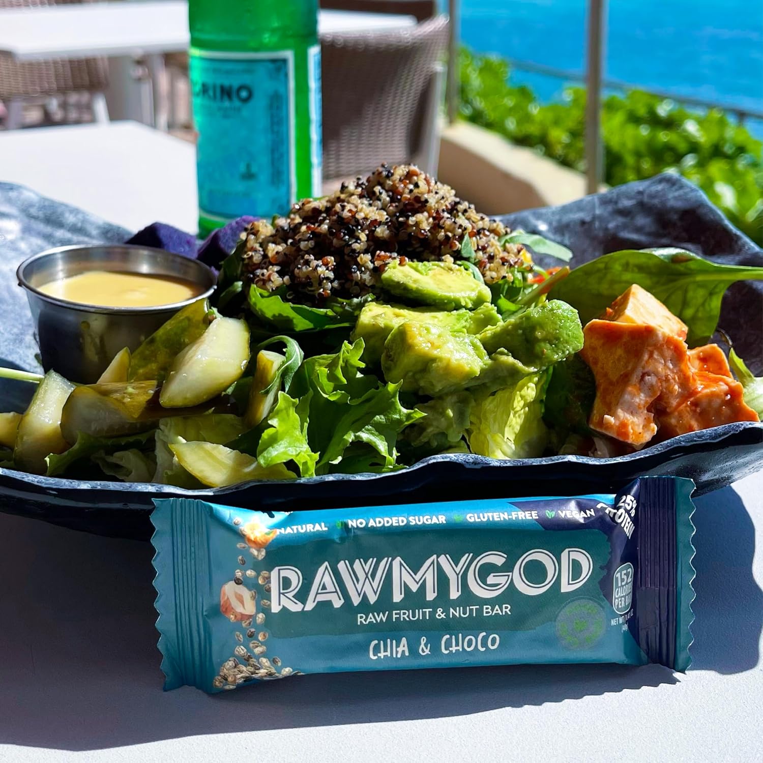 RAWMYGOD Fruit and Nut Bars, Good Source of Protein (10g, 25% protein content), Gluten Free, Vegan, No Added Sugar (16 bars, Chia & Choco)