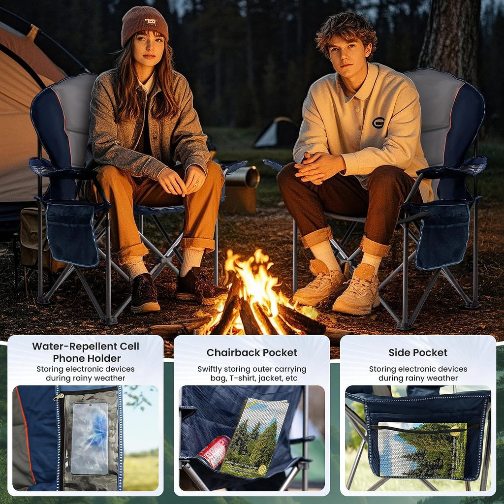 2 Pack Folding Camping Chairs for Adults - High Back Padded Outdoor Lawn Chairs with Lumbar Support & Cup Holder, 500lbs Heavy Duty Portable Camping Chairs Set (Blue & Gray, 2 PCS)