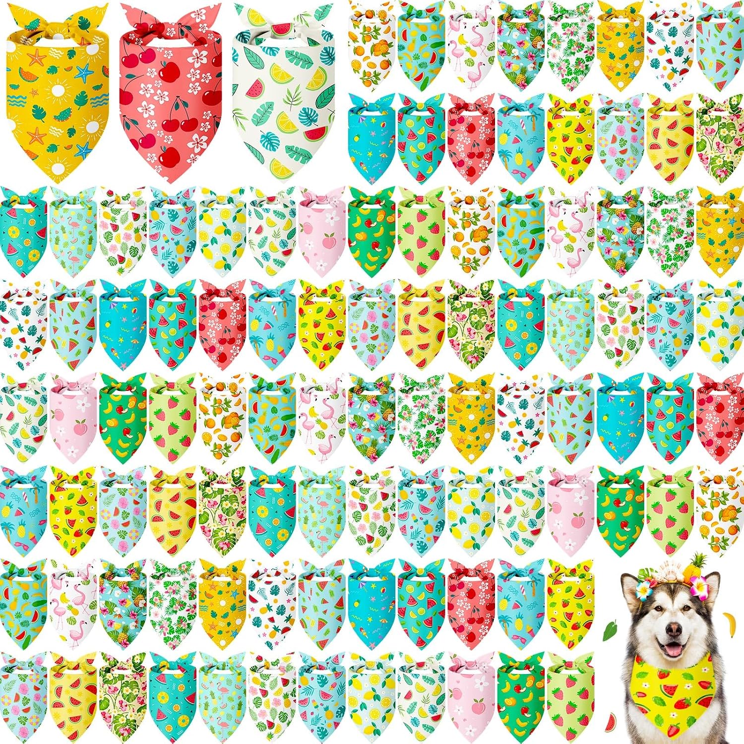 Abbylike 100 Pieces Summer Themed Dog Bandanas Bulk Hawaiian Dog Bandanas for Pets Triangle Kerchief Scarf Bibs Set for Summer Pets Dogs Party Costume Accessories, 25 Styles (31.5 x 21.7 x 21.7)