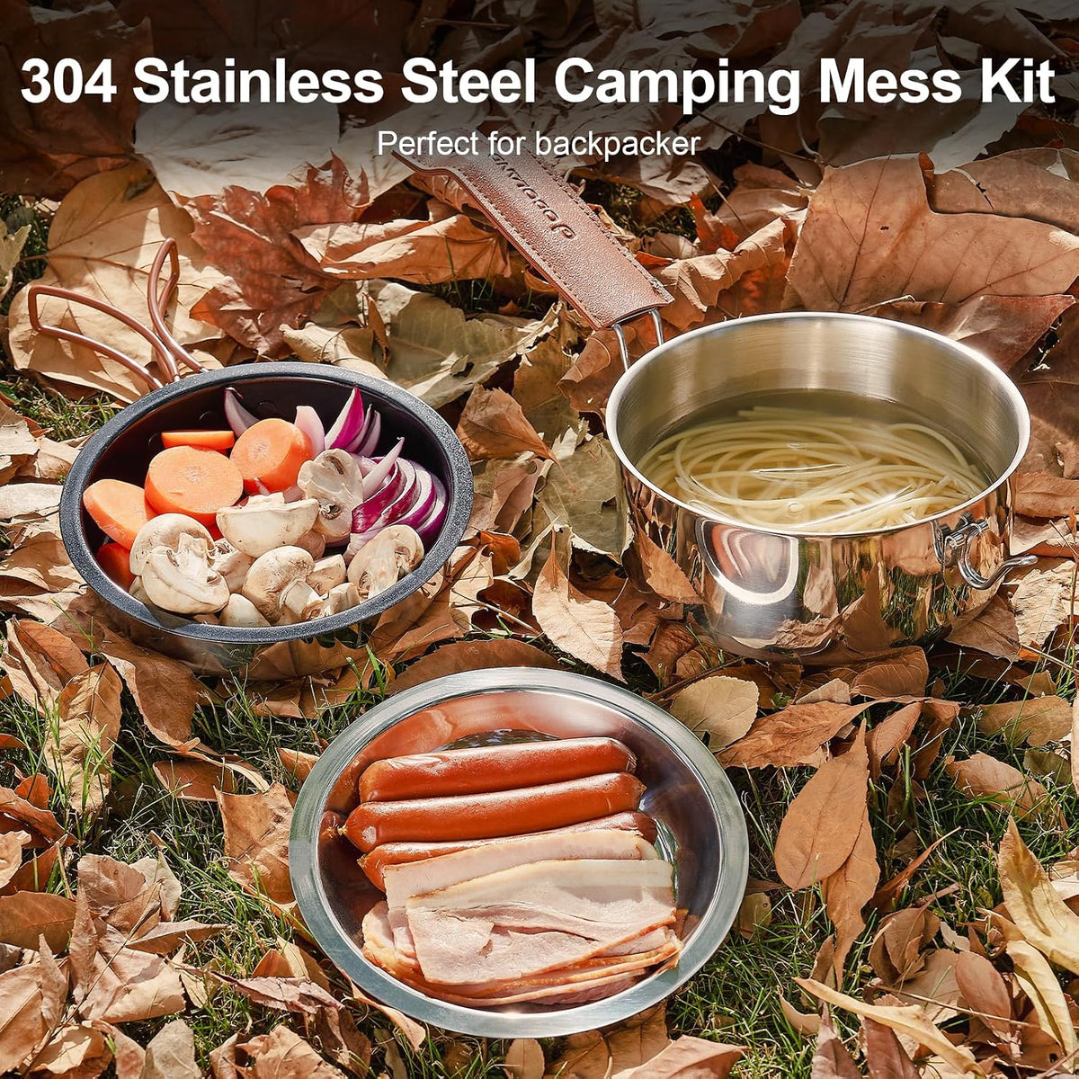 Odoland 10pcs Camping Cookware Stainless Steel Camping Pot and Pan Set with Plate Bowl Fork Knife Spoon for Backpacking, Hiking, Outdoor Cooking and Picnic