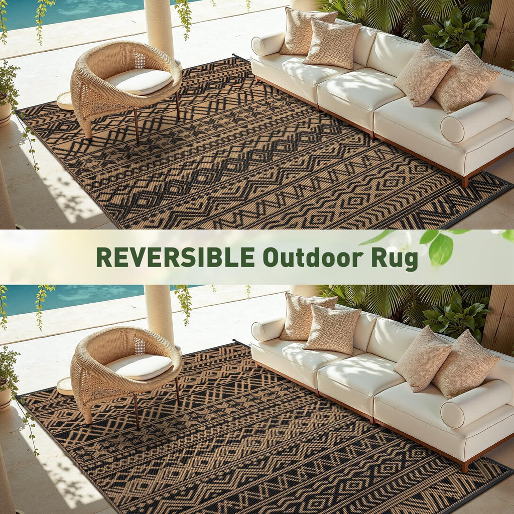 MontVoo Outdoor Rug Carpet Waterproof 6x9 Outdoor Patio Rug Mat Reverisble Plastic Straw Outdoor Rug for RV Camping Picnic Beach Balcony Boho Black Brown