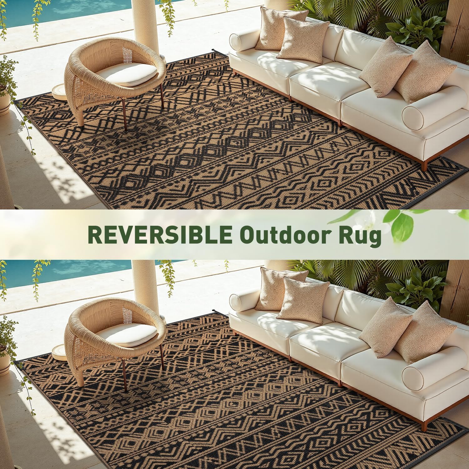 MontVoo Outdoor Rug Carpet Waterproof 6x9 Outdoor Patio Rug Mat Reverisble Plastic Straw Outdoor Rug for RV Camping Picnic Beach Balcony Boho Black Brown