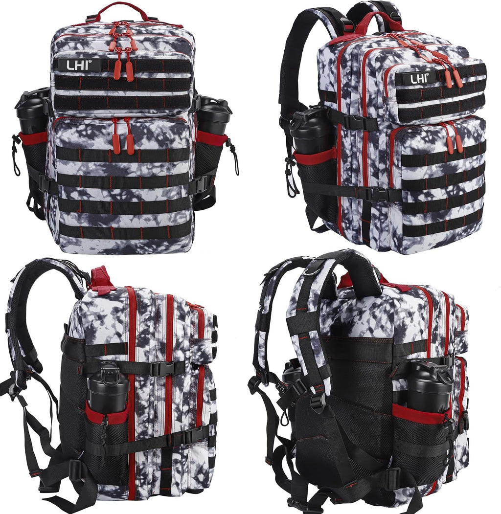 LHI Military Tactical Backpack for Men and Women 45L Army 3 Days Assault Pack Bag Large Rucksack with Molle System Black and White with Red