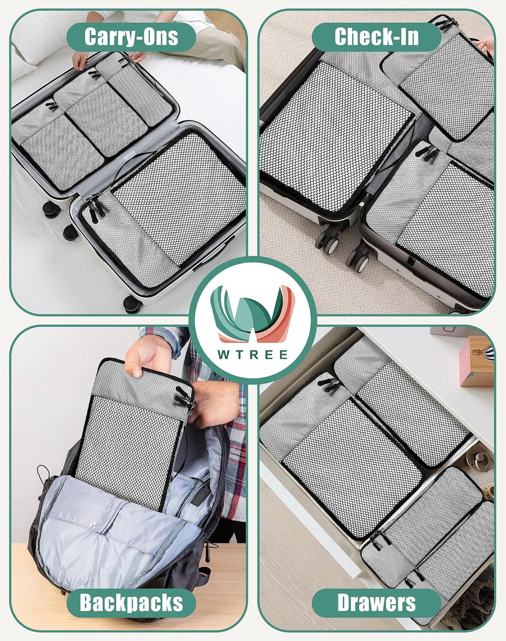 WTREE 4-Piece Packing Cubes Travel Accessories Set for Suitcases - Luggage Organizer Bags with Double Zipper - Mesh Top - Small/Medium/Large/Slim - Grey