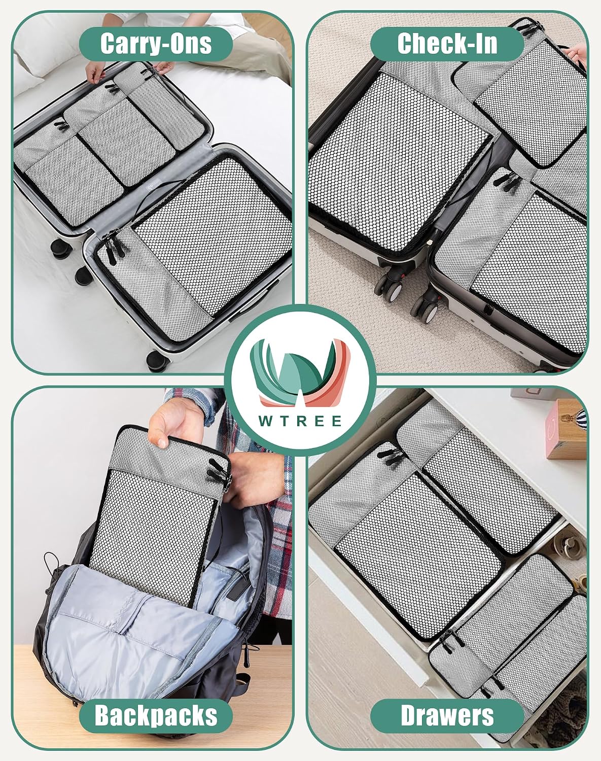 WTREE 4-Piece Packing Cubes Travel Accessories Set for Suitcases - Luggage Organizer Bags with Double Zipper - Mesh Top - Small/Medium/Large/Slim - Grey