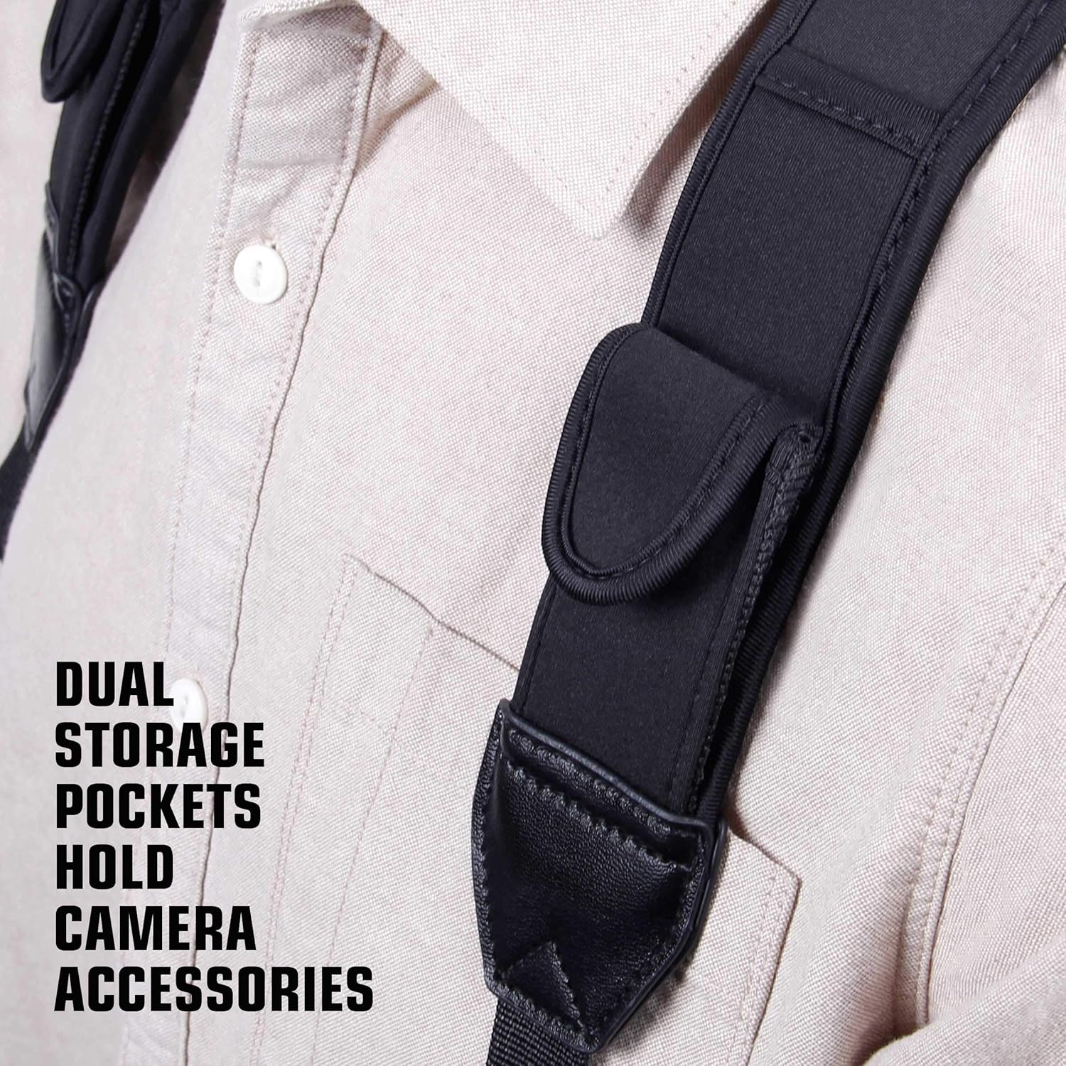 USA Gear DSLR Camera Strap Chest Harness with Quick Release Buckles, Black Neoprene Pattern and Accessory Pockets - Compatible with Canon, Nikon, Sony and More Point and Shoot and Mirrorless Cameras