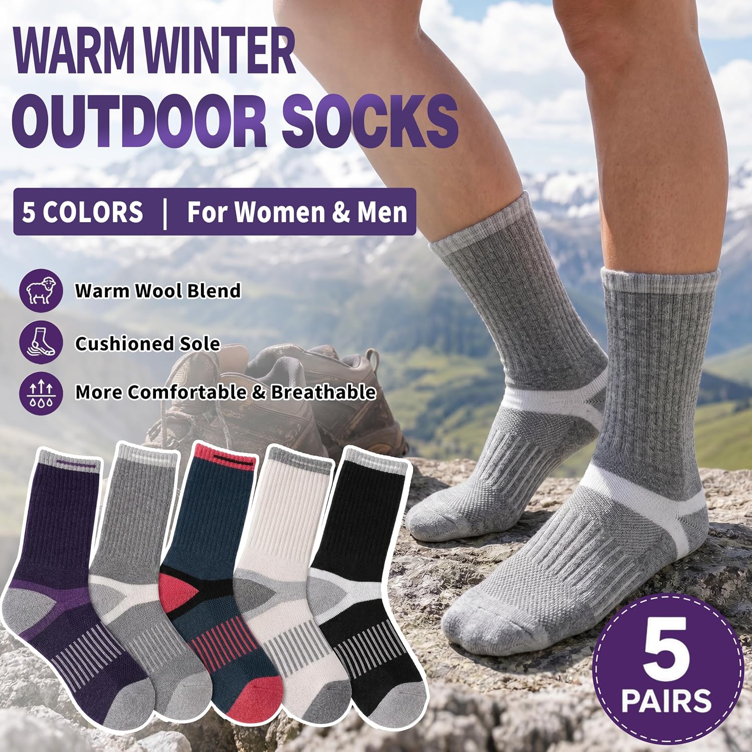 MOGGEI 5 Pairs Merino Wool Hiking Socks Warm Thermal Winter Cozy Cushioned Moisture Wicking Socks for Women & Men