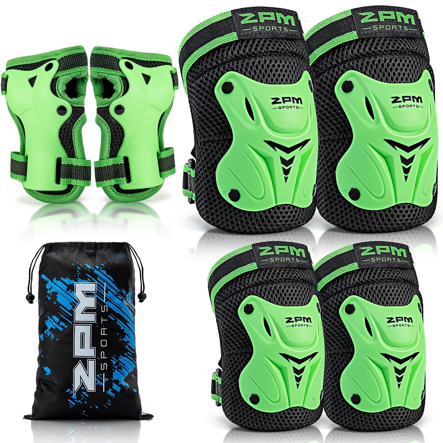2PM SPORTS Knee Pads for Kids, Wrist Guards Knee and Elbow Pads Set with Drawstring Bag, Protective Gear Set for Girls Boys Roller Skating Cycling Skateboard - Green Small