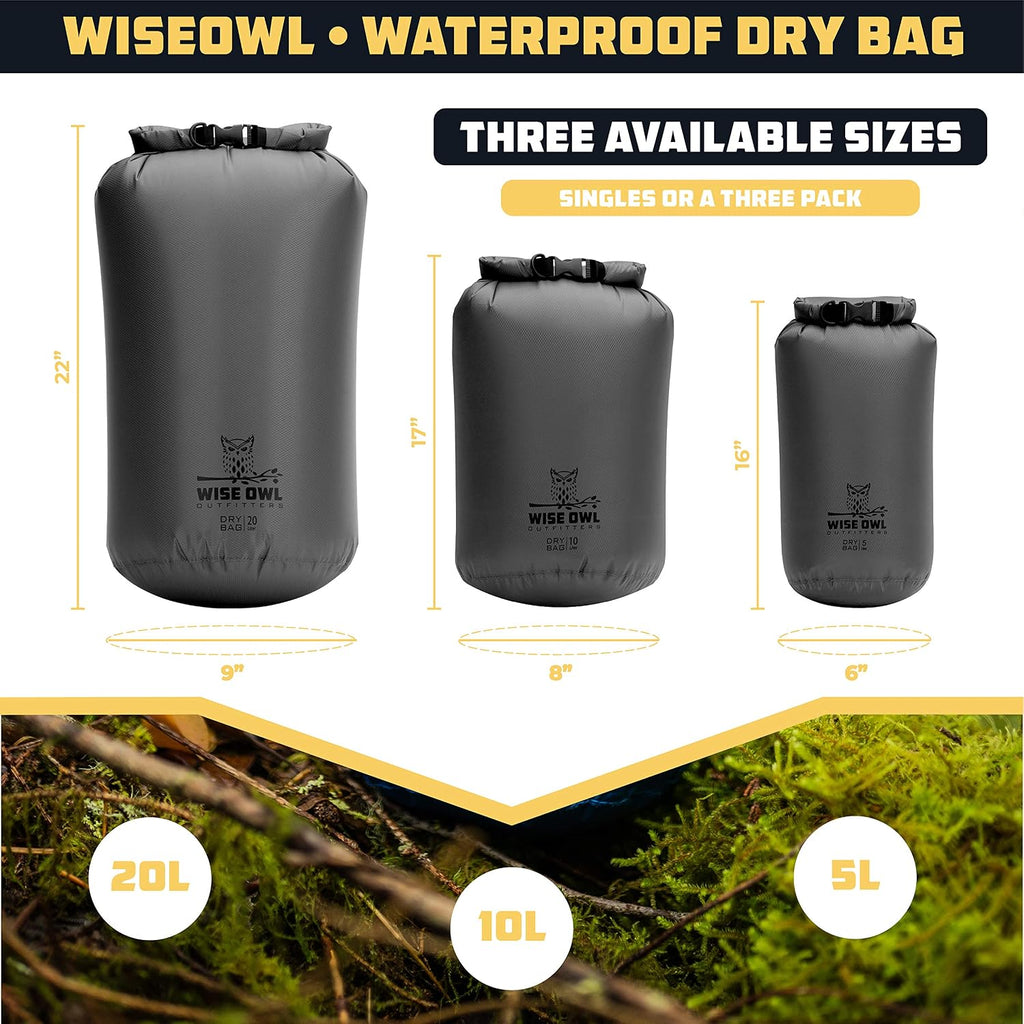 Wise Owl Outfitters Waterproof Dry Bag 3-Pack – Lightweight & Airtight 5L/10L/20L Small & Large Dry Bags for Kayaking, Beach, Travel, Boating, Hiking