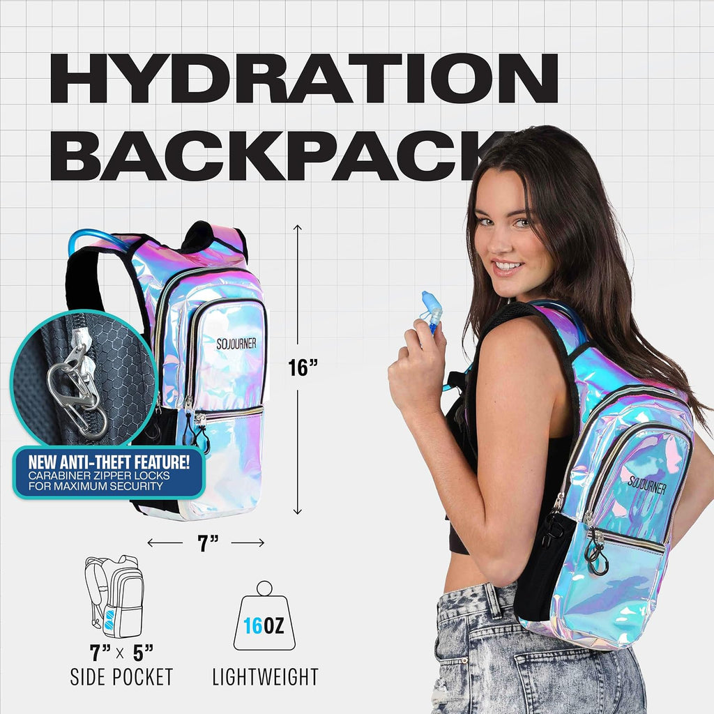 Sojourner Hydration Pack, Hydration Backpack - Water Backpack with 2l Hydration Bladder, Festival Essential - Rave Hydration Pack Hydropack Hydro for Hiking, Running, Biking, Festival Gear