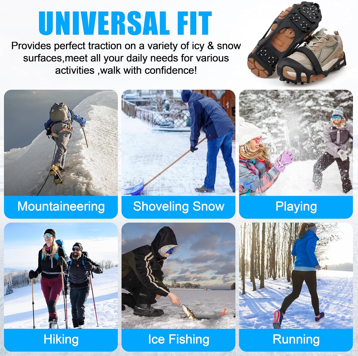Ice Cleats Snow Traction Cleats Crampons for Shoes and Boots Men Women 28 Studs Anti Slip Shoe Grippers Overshoe Slip-on Stretch Footwear Spikes for Snow and Ice Fishing Winter Walking Hiking