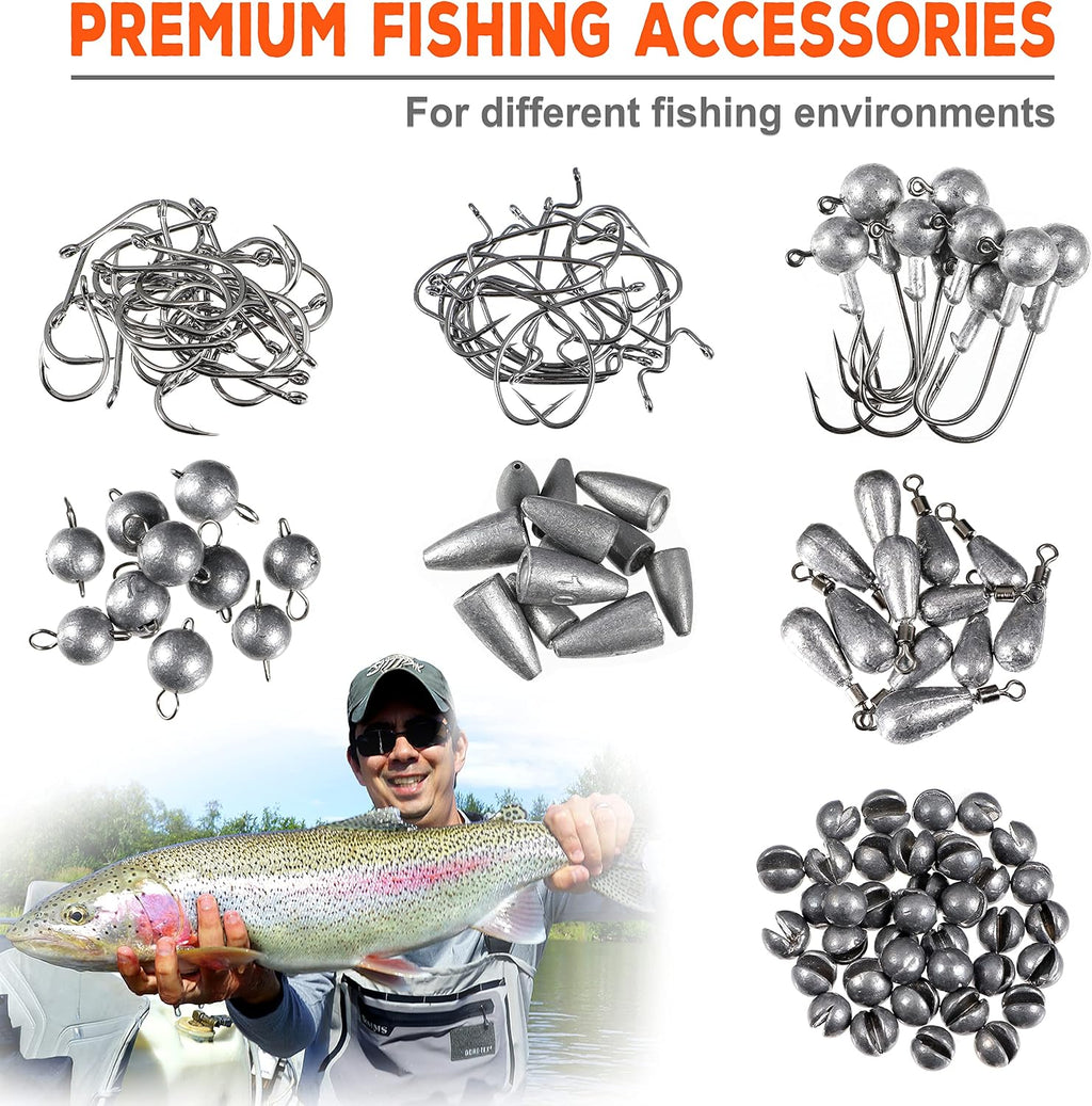 PLUSINNO 264pcs Fishing Accessories Kit, Organized Tackle Box with Tackle Included, Fishing Weights Sinkers, Jig Hooks, Swivels, Beads Combined into 10 Rigs, Fishing Gear Set for Bass Trout