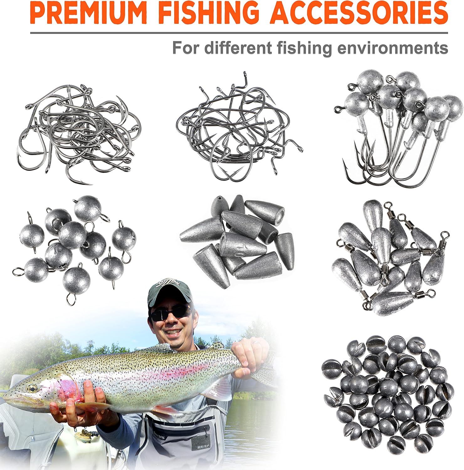 PLUSINNO 264pcs Fishing Accessories Kit, Organized Tackle Box with Tackle Included, Fishing Weights Sinkers, Jig Hooks, Swivels, Beads Combined into 10 Rigs, Fishing Gear Set for Bass Trout