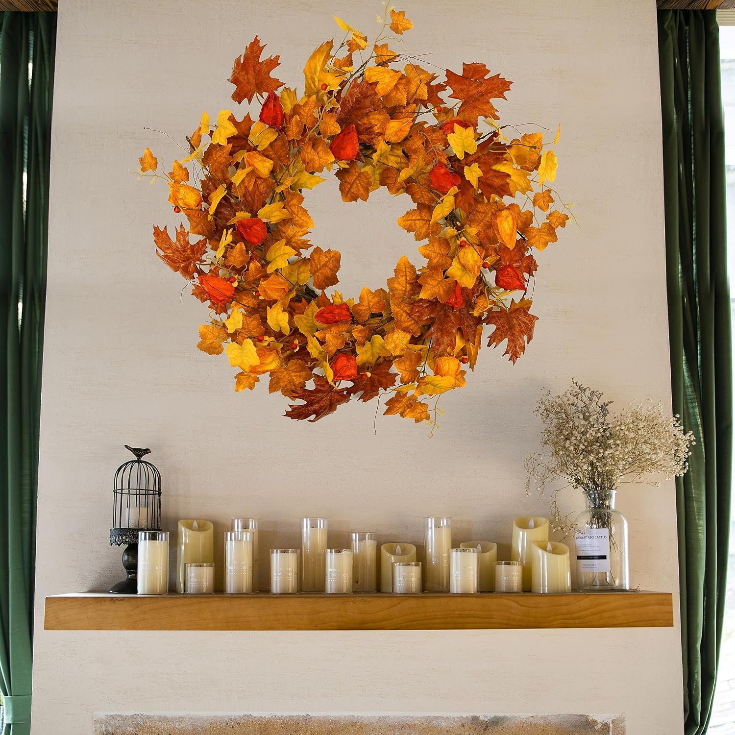 22 inch Artificial Fall Wreath Maple Leaf Wreath for Front Door Home Decor