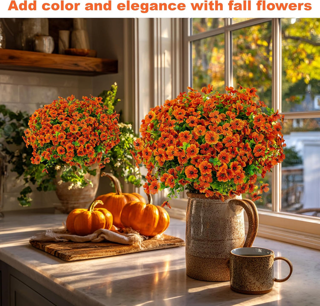 AXYLEX Artificial Mums for Outdoors Fake Fall Flowers Red Orange 16 Pack