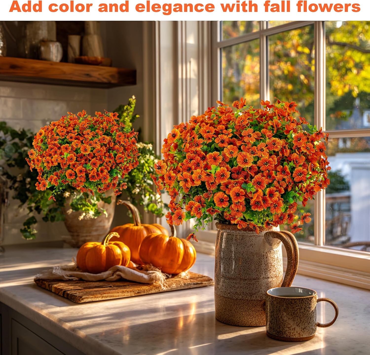 AXYLEX Artificial Mums for Outdoors Fake Fall Flowers Red Orange 16 Pack