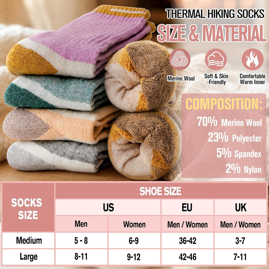 MOGGEI 5 Pairs Merino Wool Hiking Socks Warm Thermal Winter Cozy Cushioned Moisture Wicking Socks for Women & Men