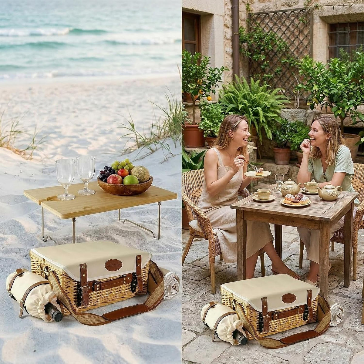 Multifunctional Wicker Picnic Basket Set for 2 Adults with Blankets & Table