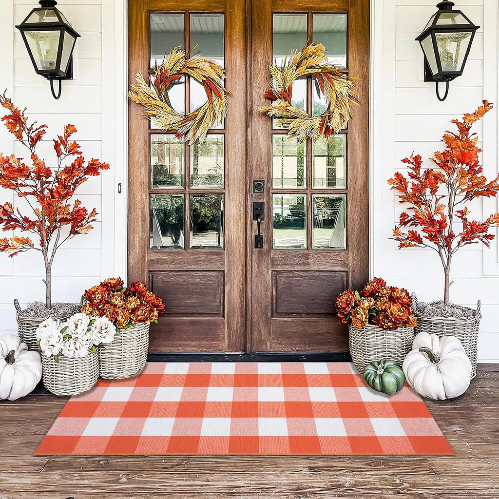 Buffalo Plaid Outdoor Rugs, 4'x6' Blue and White Checkered Indoor Outdoor Area Rug, Layering Rug for Welcome Door Mat, Washable Cotton Woven Farmhouse Mat for Spring Easter Front Porch Décor