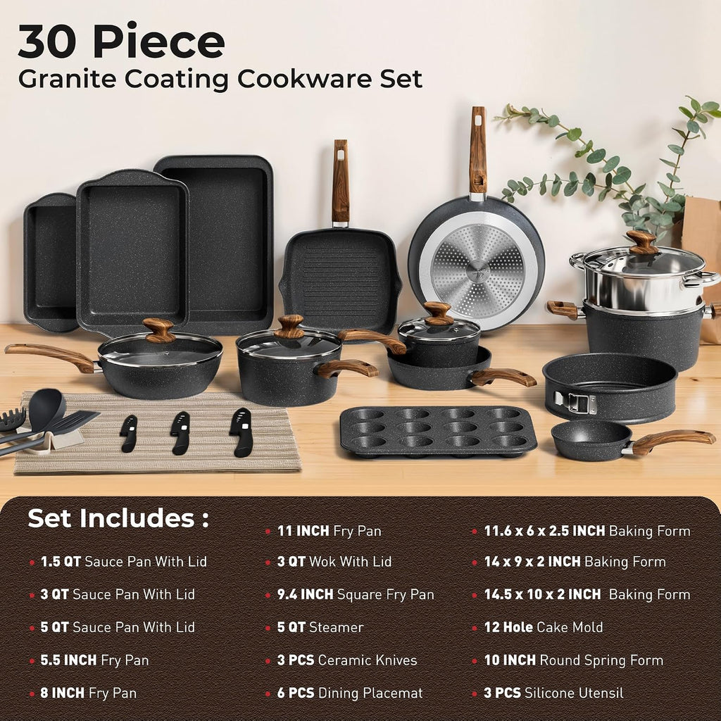 DishDelight 30 Pcs Pots and Pans Set Non Stick, Granite Induction Cookware