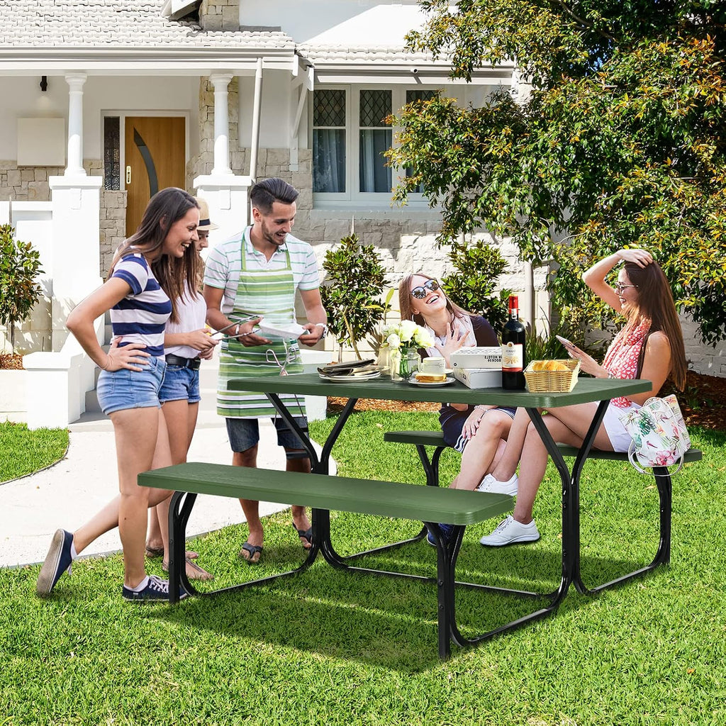 Tangkula Picnic Table Bench Set, Outdoor Picnic Table with 2 Benches, Metal Camping Table with Plastic Wood-Like Texture Tabletop & Steel Frame, Ideal for Picnic, Party, Garden, Lawn (Green)