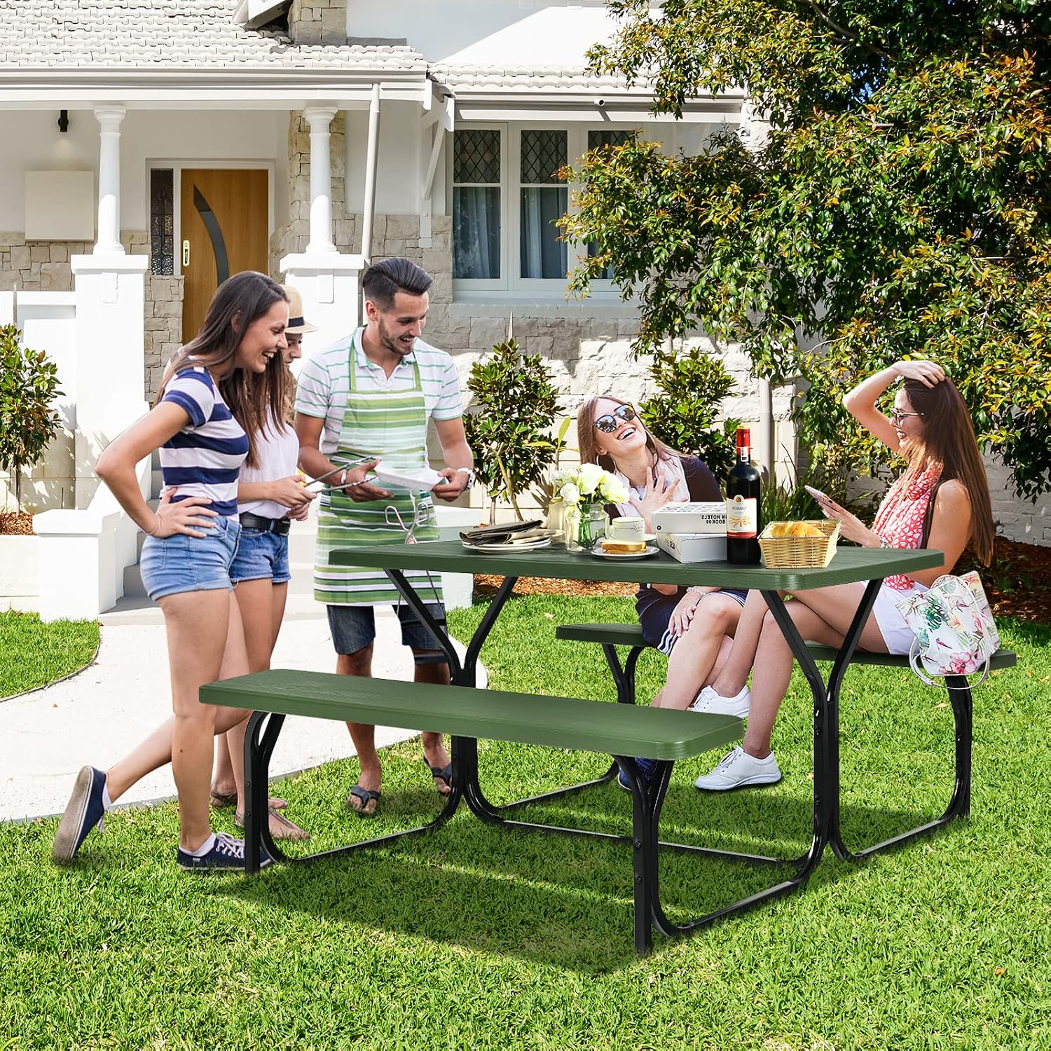 Tangkula Picnic Table Bench Set, Outdoor Picnic Table with 2 Benches, Metal Camping Table with Plastic Wood-Like Texture Tabletop & Steel Frame, Ideal for Picnic, Party, Garden, Lawn (Green)