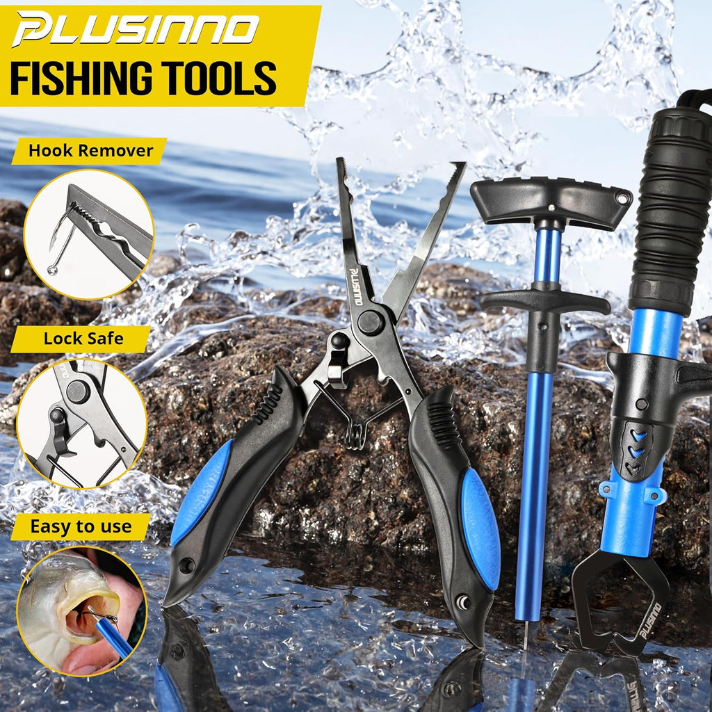 PLUSINNO Fishing Backpack with Tackle Boxes,Fishing Gear,42L Waterproof tackle Backpack with Rod Holders,Lures,Tools,Pliers & Accessories, Fish Gifts for Men
