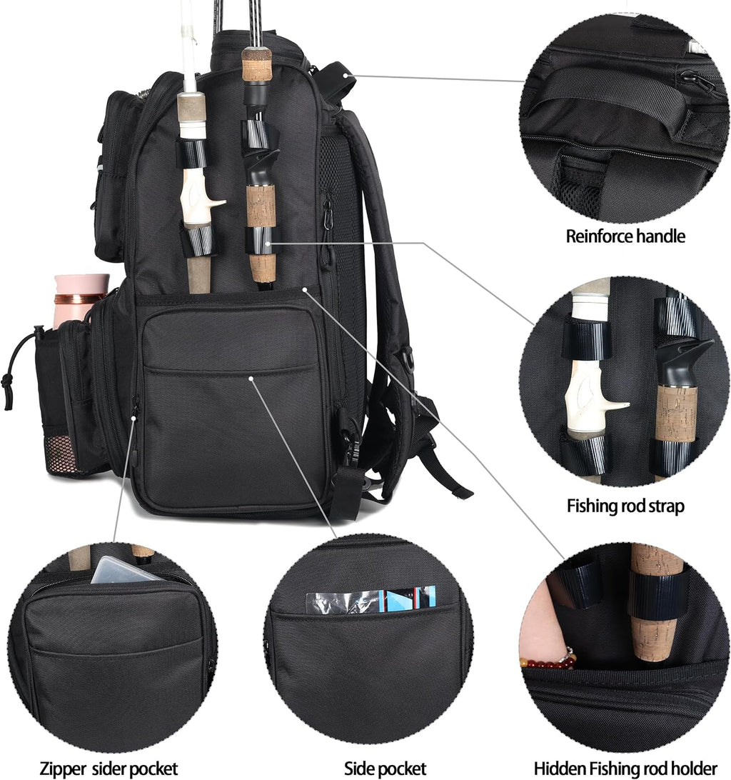 Fishing Tackle Backpack With Rod Holders, Large 40L Fishing Backpack for Camping, Hiking
