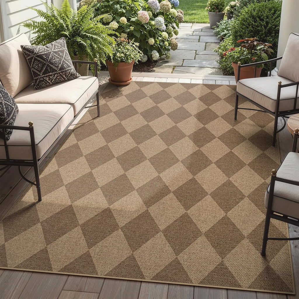Lahome Checkered Easy Jute 5x7 Outdoor Patio Rug, Living Room Rugs Washable