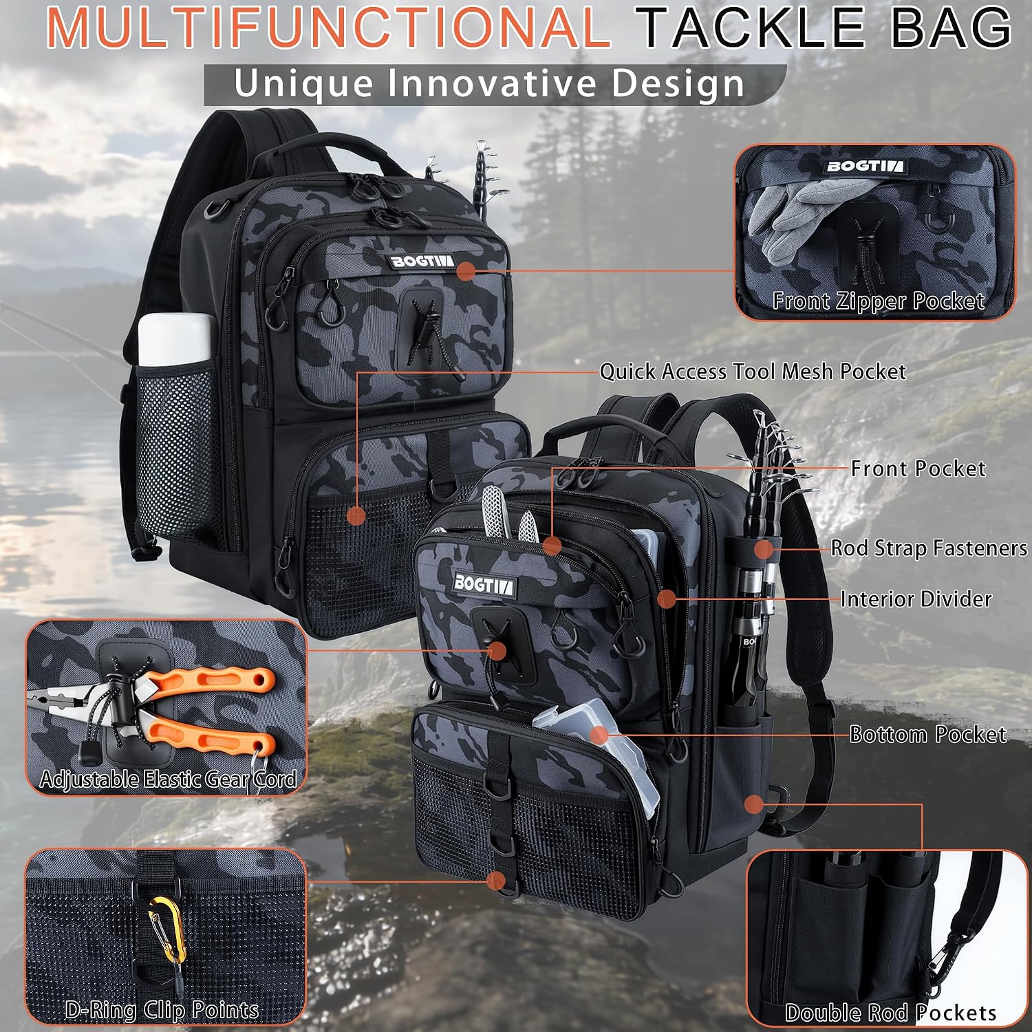Fishing Backpack with Fish Rod & Lures Kit Lightweight 25L Tackle Bag with Fishing Gear and Tackle Boxes, Fish Gifts for Men Woman-Black Camo Backpack