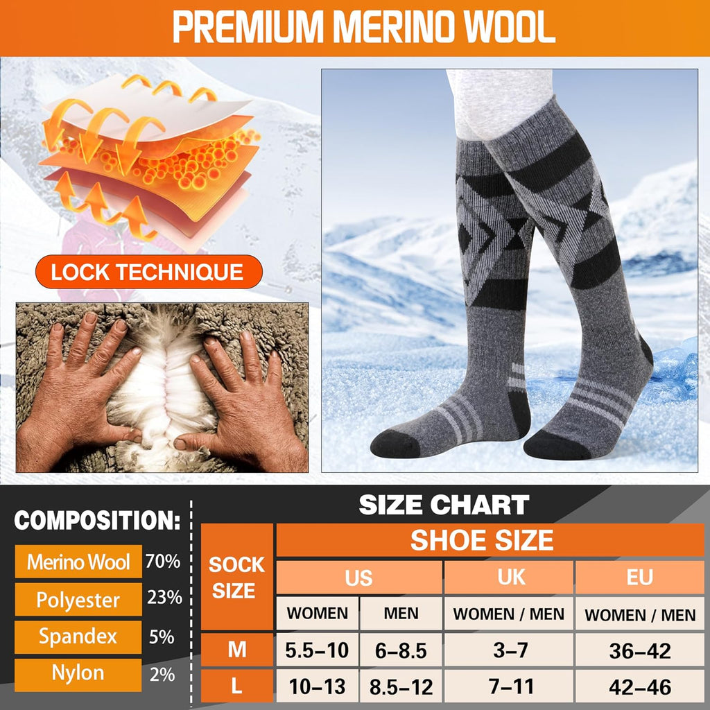 Welwoos 3 Pairs Merino Wool Ski Socks for Womens Mens Thermal Winter Warm Thick Knee High Socks for Skiing Snowboarding