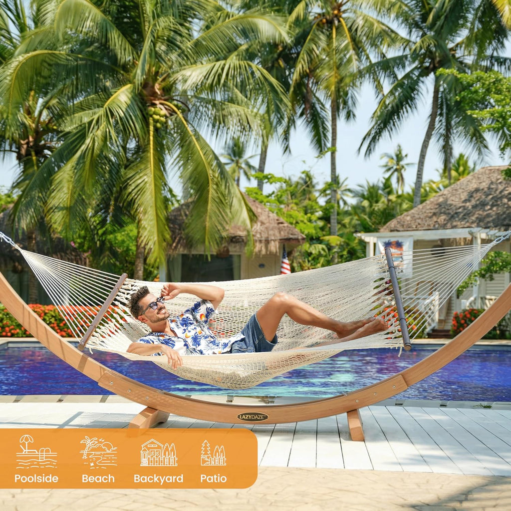 Lazy Daze 2 Person Caribbean Rope Hammock with 13 FT Natural Wood Stand